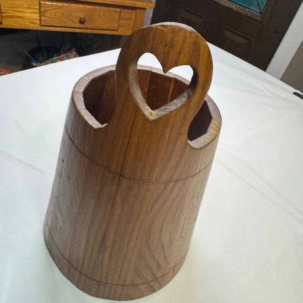Vintage Cottagecore Farmhouse Wood Bucket Heart Cutout Handle Signed Rustic Chic